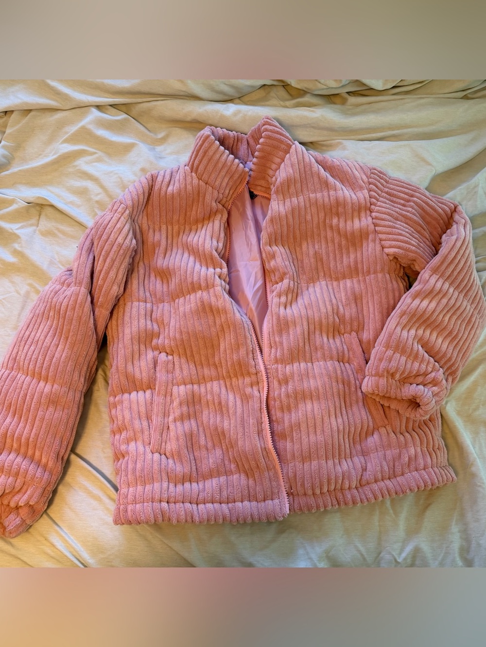 SHEIN Blush Pink Corduroy Quilted Puffer Jacket